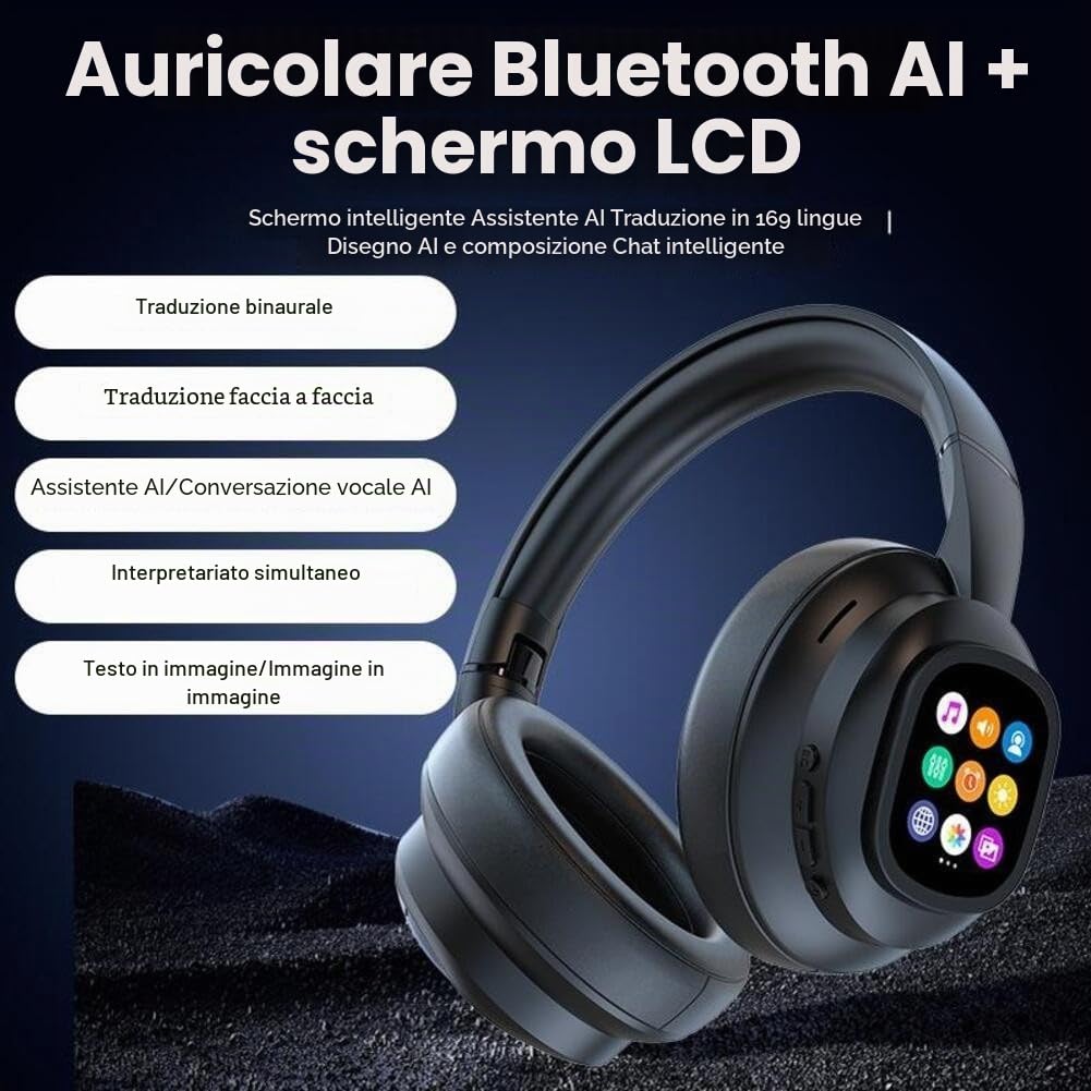Cuffie over-ear, traduzione AI Wireless Cuffie in tempo reale, 169 lingue, con touch screen LCD staccabile, 46 ore di riproduzione per viaggi, riunioni, studio
