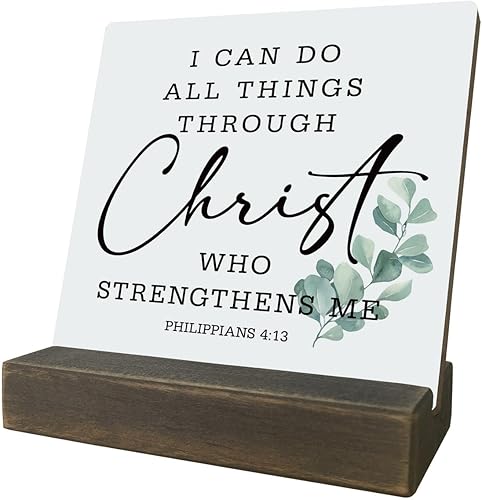 Letreros de placa religiosa, I can do all things through Christ Who Strengthens Me, placa de madera con soporte, placa de decoración del hogar,