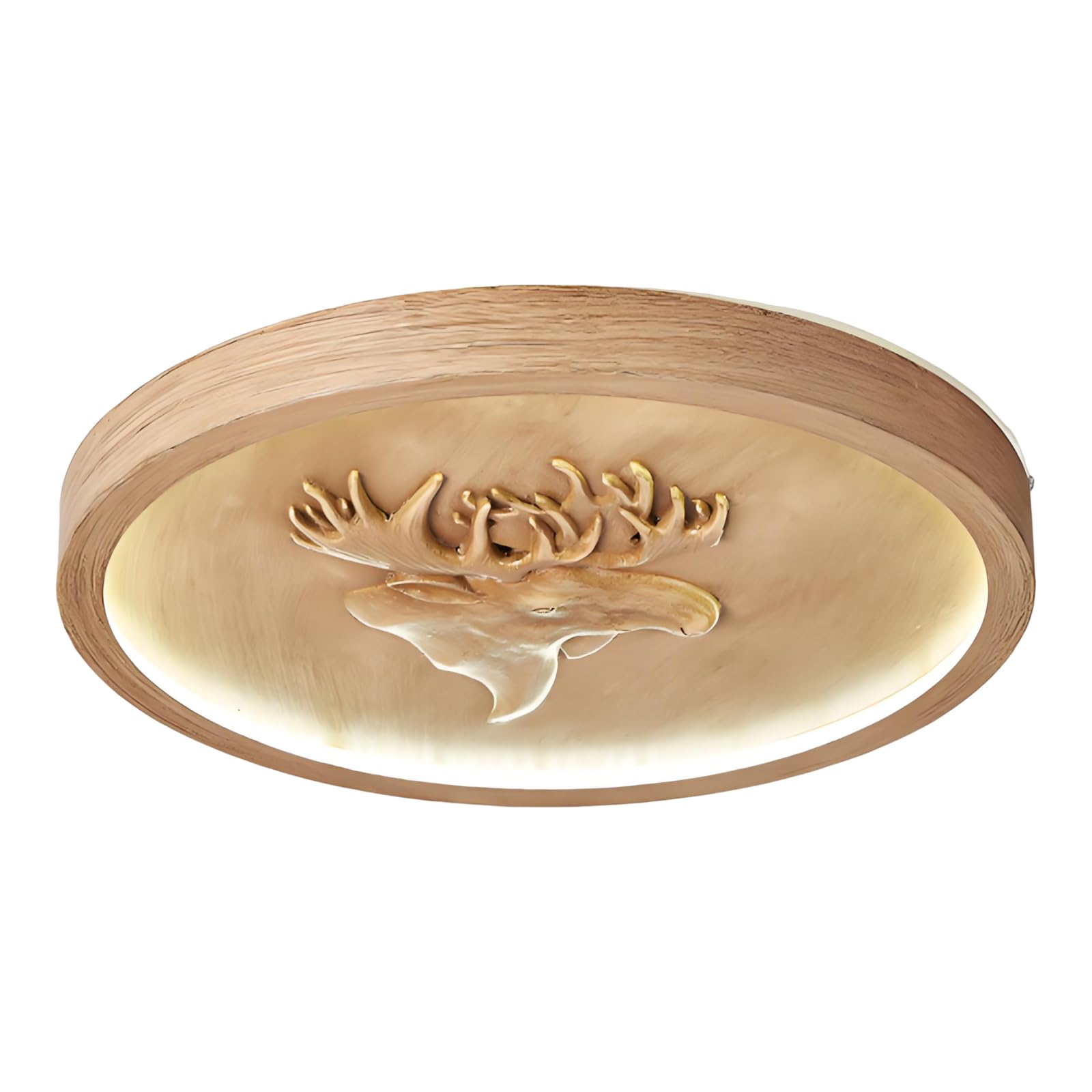 YNVIOZM Wood-Grain LED Close to Ceiling Light, Resin Carved Deer Head Round Flush Mount Ceiling Lamp 1.5 Inches Ultra-Thin LED Lighting Fixtures for Bedroom, Entryway, Laundry Room, Hallway