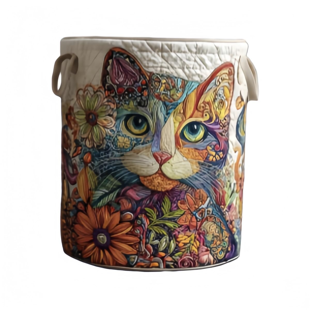 Cat Quilted Laundry Basket with Handles – Soft Fabric Hamper for Clothes, Towels & Home Storage (A,Large (20" x 28")) - 2