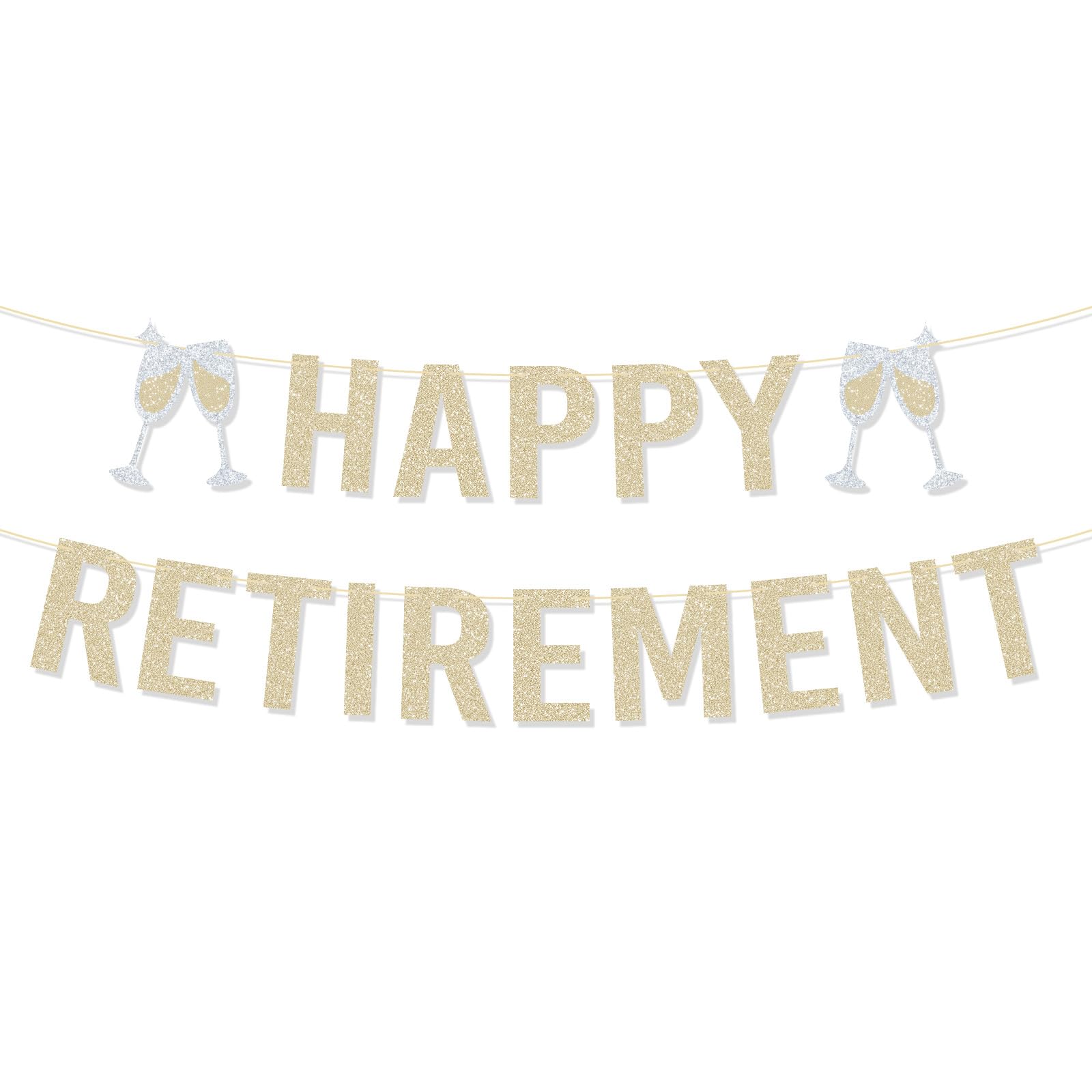 Happy Retirement Banner, Pre-Strung Glitter Retirement Sign Party Decorations Farewell Party Decor Supplies for Coworkers Men & Women (Champagne Gold-Colored)