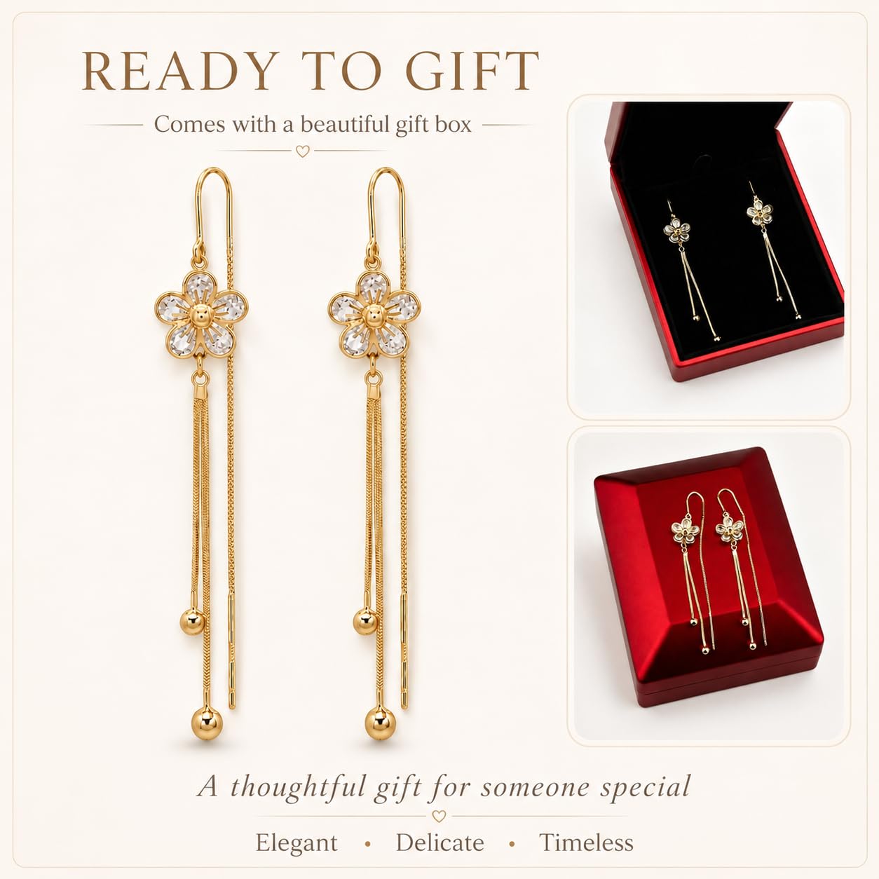 HEFEIYU 14K Gold Plated Flower Dangle Threader Earrings for Women, Hypoallergenic Cubic Zirconia Long Chandelier Earrings, Elegant Crystal Jewelry for Wedding Bridal Prom Party Gifts (Petal)
