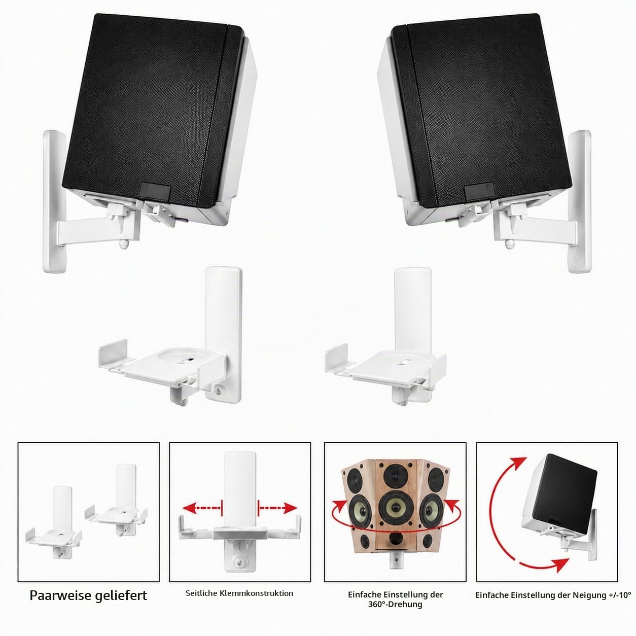 RO&CO B-Tech BT-77 White – Paar Lautsprecher-Wandhalterungen Weiß • 25 kg je Halterung • 360° drehbar • ±10° neigbar • Verstellbar von 135 bis 280 mm • Robuste Stahlkonstruktion
