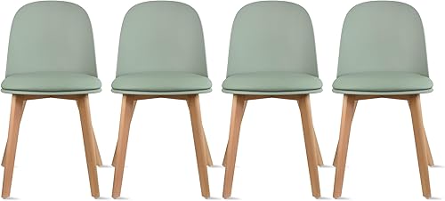 2xhome Juego de 4 sillas de comedor de plástico sin brazos, patas de madera para comedor, asiento acolchado de cuero sintético moldeado de plástico