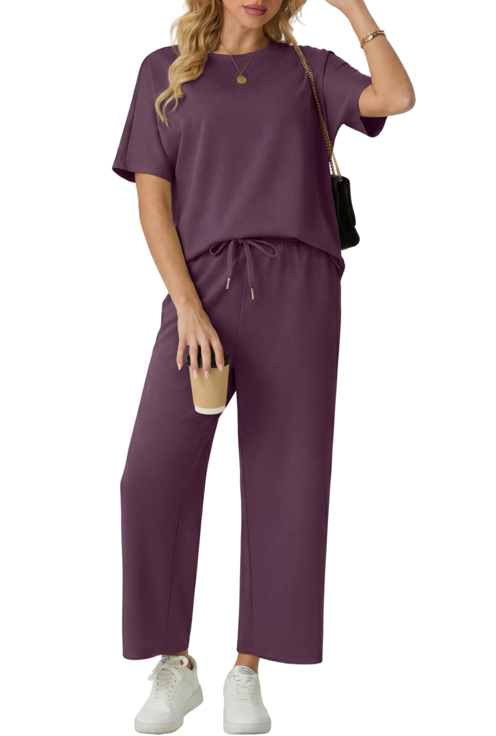 GRECERELLE Jogginganzug Zweiteiler Damen Sommer Trainingsanzug Outfits Tracksuit Kurzarm Lässige Rundhals Tshirts und weite Jogginghosen Trainingsanzüge mit Taschen