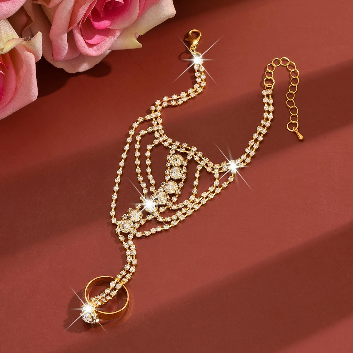 Sparkly Rhinestone Hand Chains Finger Ring Bracelets Silver Crystal Flower Chain Ring Bracelet Boho Hand Harness Chain Bracelet Wedding Party Prom Christmas Fashion Jewelry Accessories for Women - Image 5