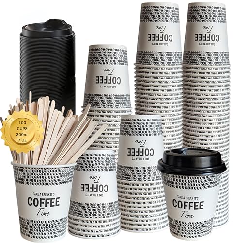 Bicchieri Carta coperchio e palettine 200ml 7 oz Bicchierini Caffè Carta -Bicchieri Caffe Bicchieri Carta Monouso Ecologici bicchierini caffè tè e bevande (bianco 100)