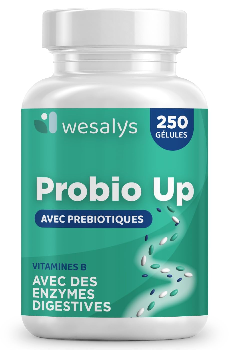 20 souches, 20 milliards d'UFC, enzymes digestives et vitamines B, 250 gélules
