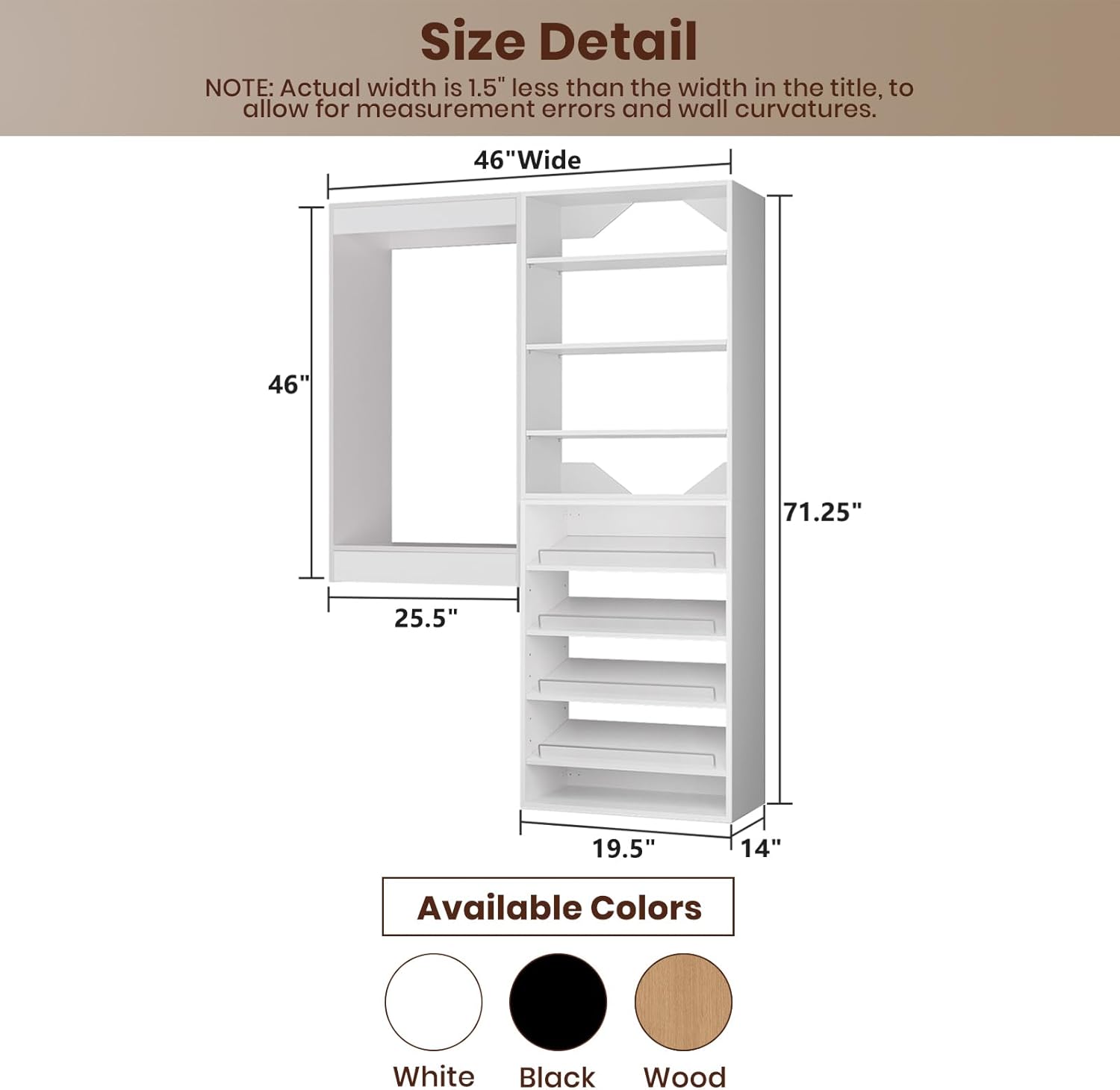 Diagram showing dimensions of the 46 inch wide closet system