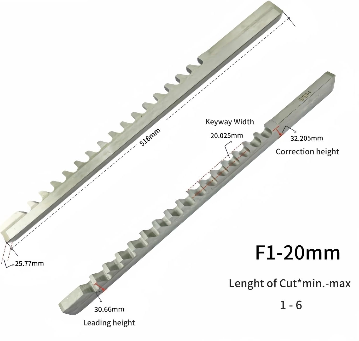 1PC F-Series Push Type Keyway Broaches HSS Keyway Tools for CNC Machine Tool F1-20/22/24/25mm 1''F 7/8''F(F1-20mm-1PCS)