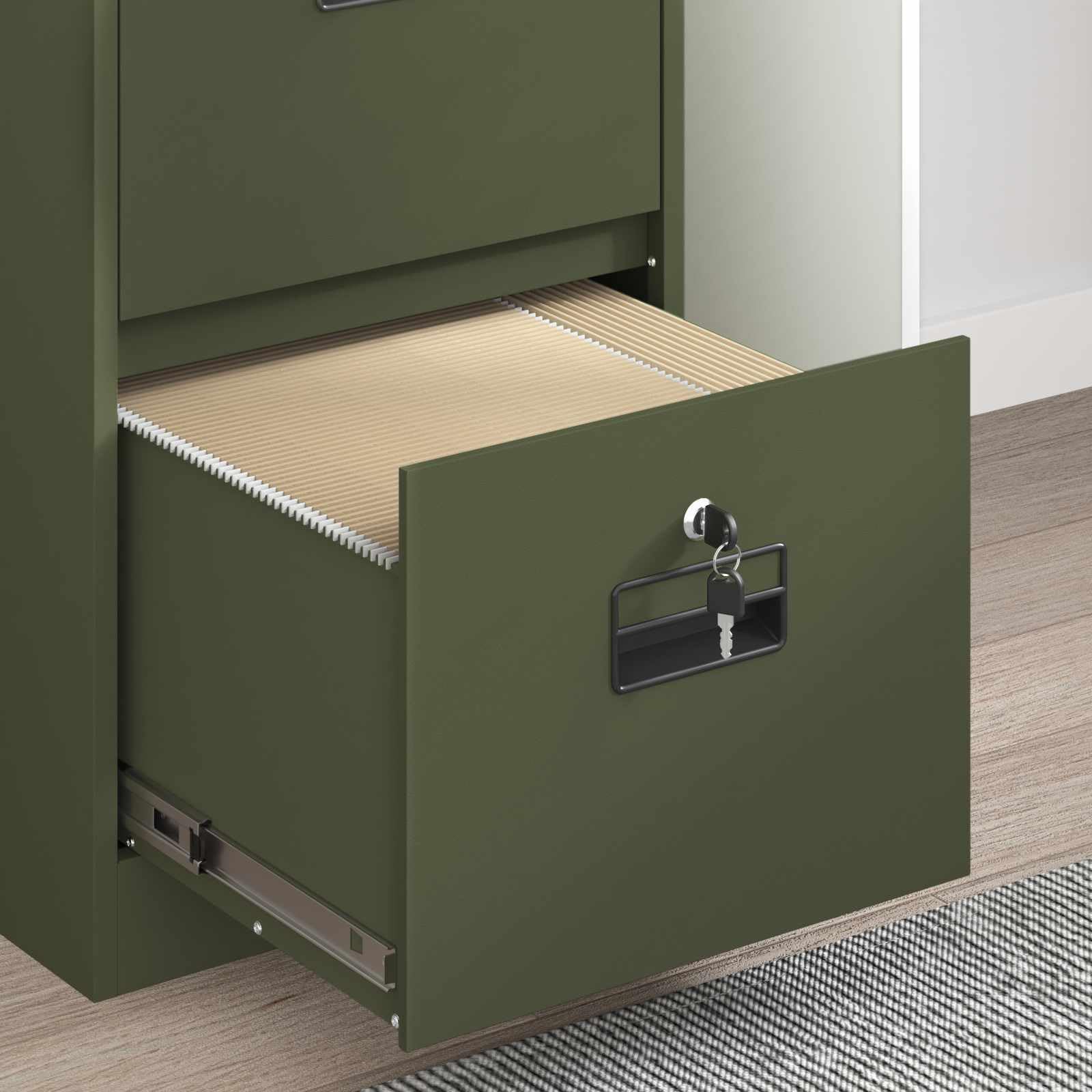 Aktenschrank Olive Grün aus Kaltgewalztem Stahl 44 x 50 x 106,5 cm mit 3 Schubladen, Ausziehbaren Regalen und Zylinderschlössern für Büro, Stauraum und Mehrzweck-Aufbewahrung