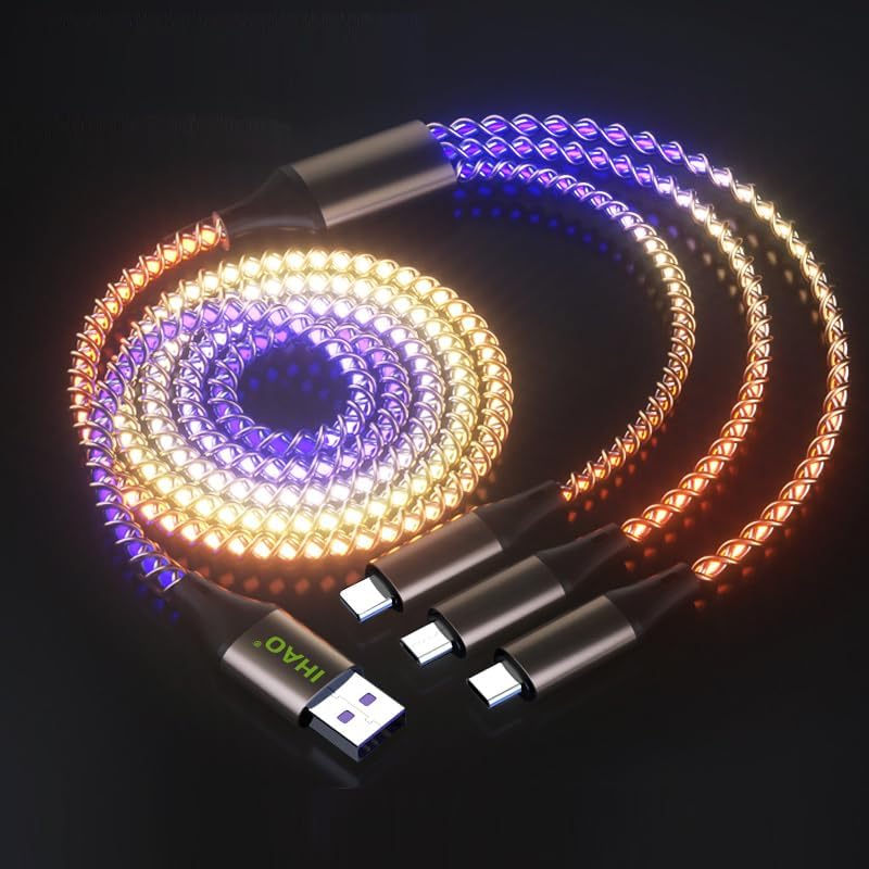 IHAO Cable Cargador de Conectores Múltiples 3 en 1 Micro USBUSB Tipo C PD Cable de Carga Rápida con Iluminación RGB Flujo de Corriente Compatible