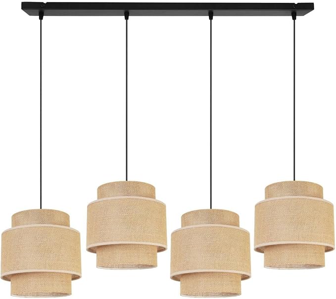 Light Home LH Light-Home Pendellamp BOHO - Moderne Hanglampe voor Woonkamer, Slaapkamer Eetkamer en Keuken - E27 - Metalen Hanglamp met Stoffen kap - Klassiek 4 Lichtbronnen - Zwarte base en Jute