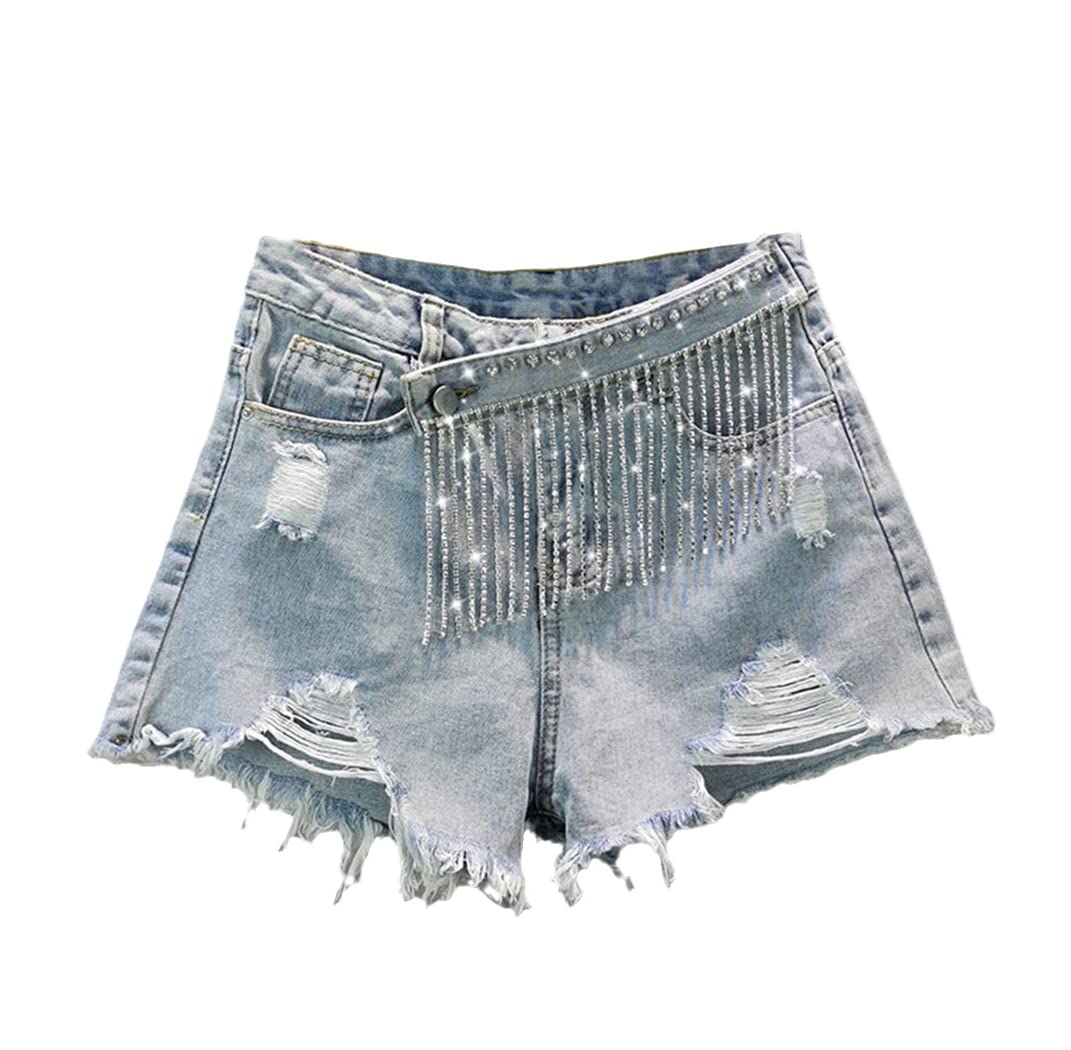 Short en jean patchwork taille haute aux détails troués originaux - 7