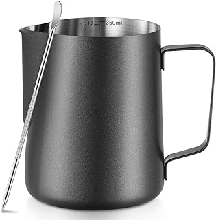 Milchkännchen zum Aufschäumen, 350 ml, Edelstahl, Milchkännchen mit Latte Art Stift, mit Innenmaßen, für Cappuccino, Espresso und mehr