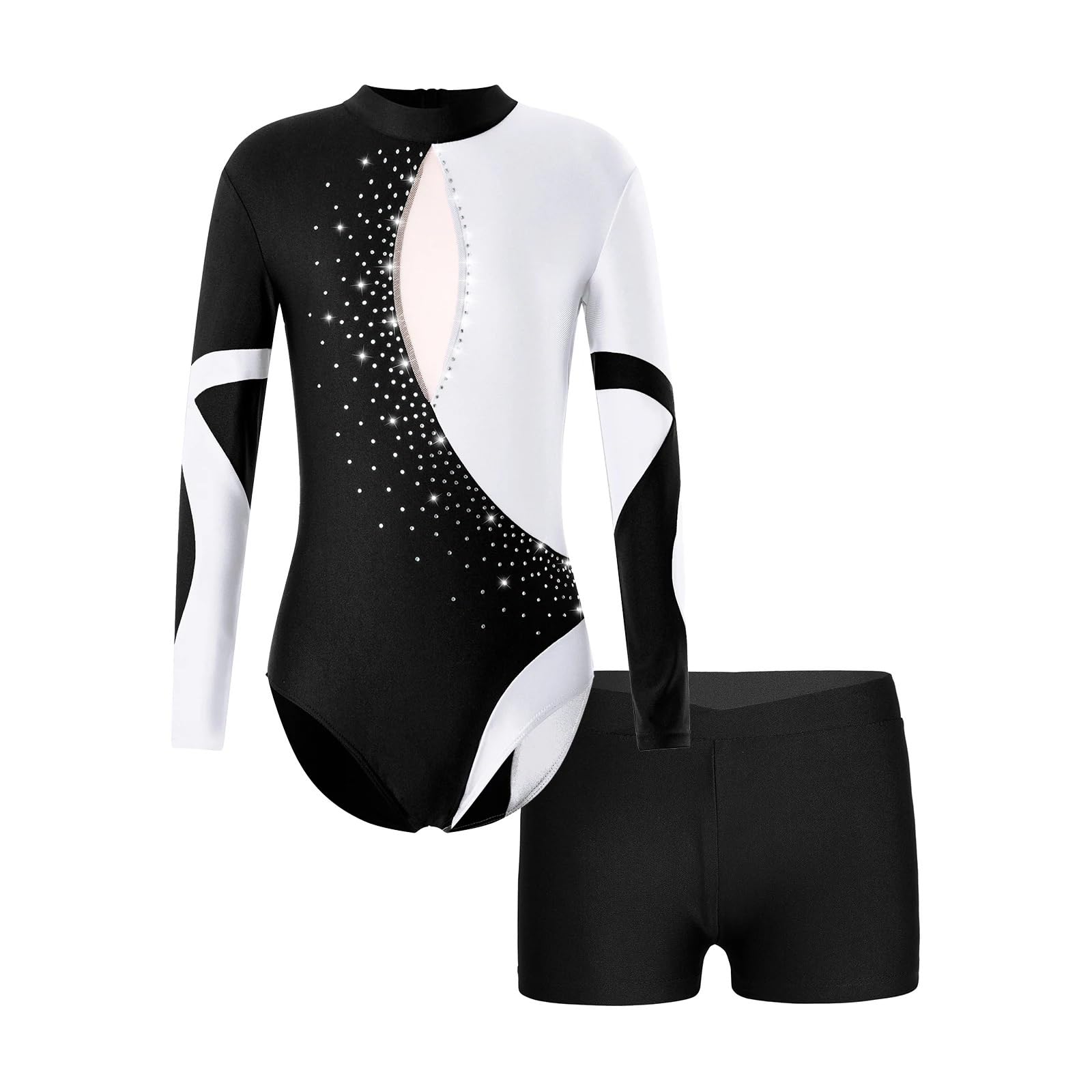 Gymnastikanzug MäDchen Mädchen Ballettanzug Gymnastikanzug Eiskunstlauf Kostüm Langarm Rückenfrei Glänzend Strass Bodysuit mit Shorts(White,10)