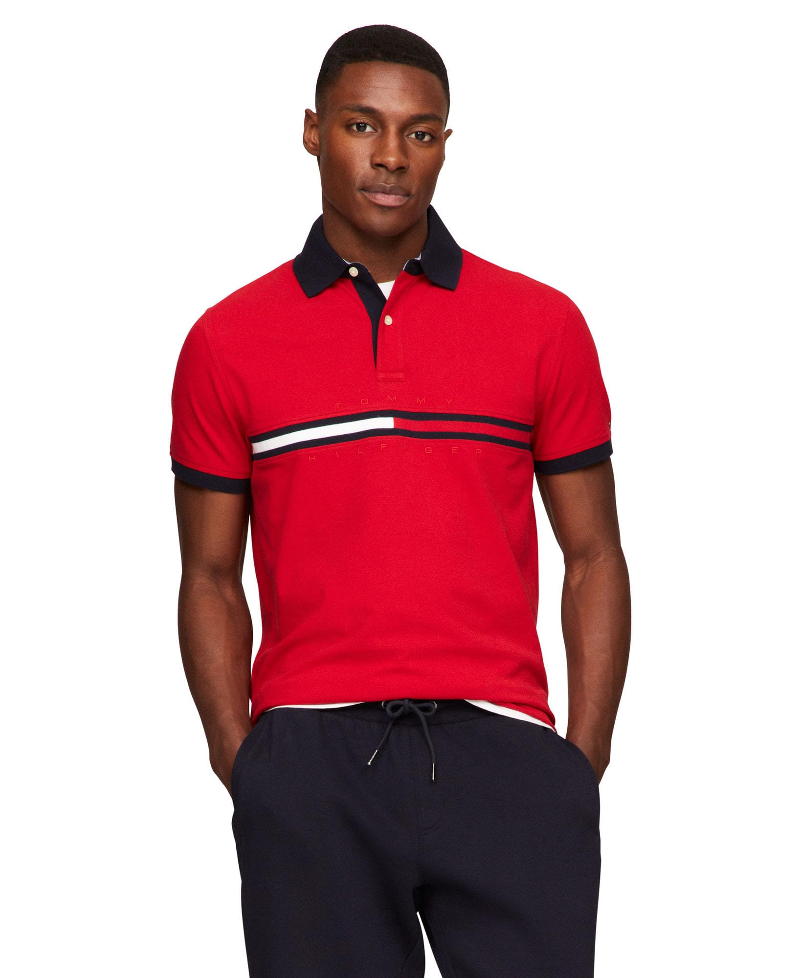 Tommy Hilfiger Men's Short Sleeve Cotton Pique Flag Graphic Polo Shirt in Custom Fit