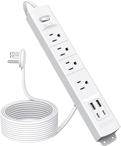 TROND Cable de extensión de 15 pies de largo con 2 USB C, certificación ETL, regleta de alimentación de enchufe plano ultrafina, protector de