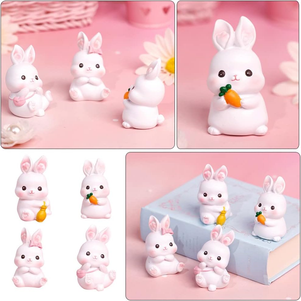 Miniature Bunny Rabbit Resin Figurine: 4pcs Mini Cute Rabbit Figures Tiny Animal Characters Toys Cake Topper Micro Landscape Easter Table Decor