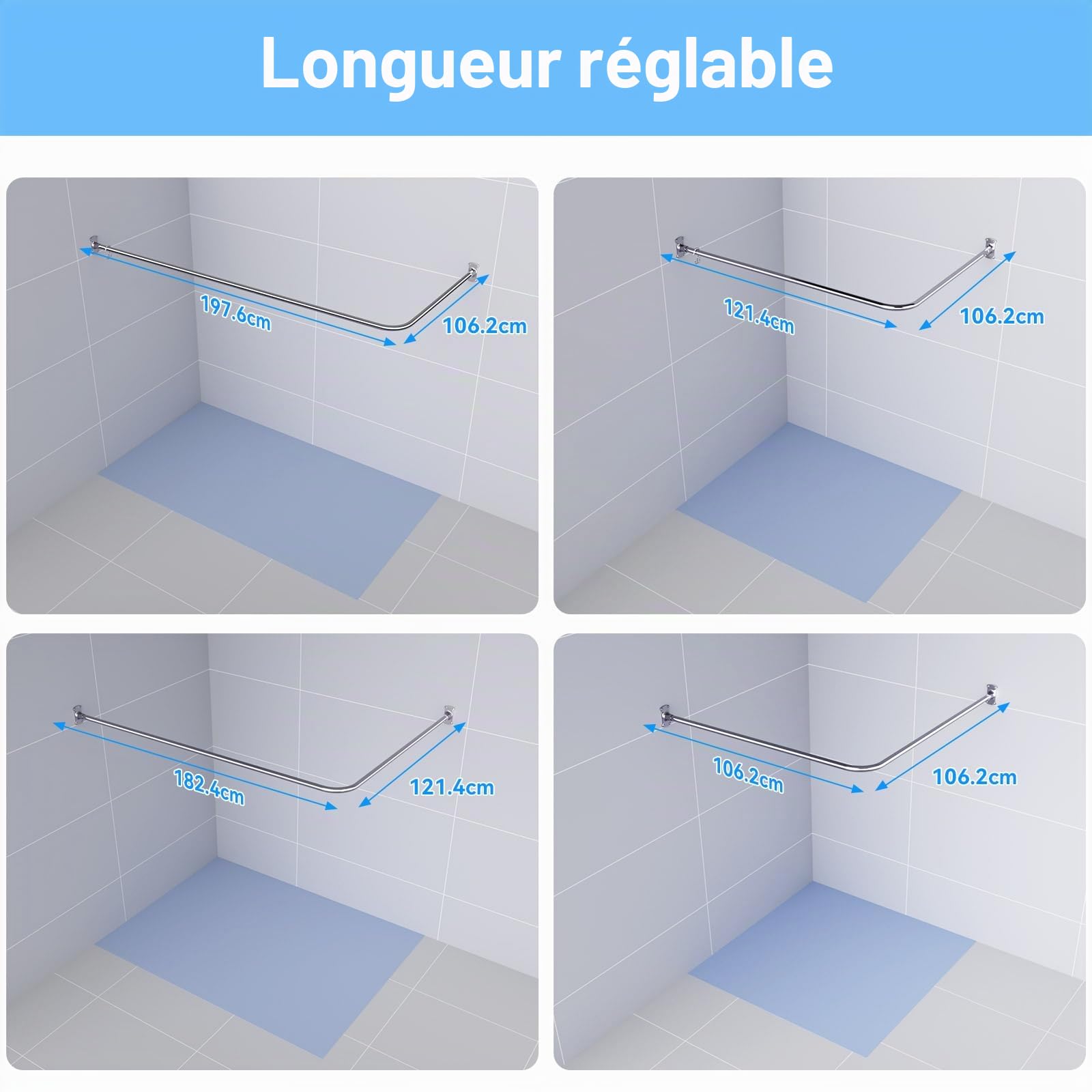 Tringle à rideau de douche en forme de L, 100-120 x 100-190 cm, barre de douche réglable, SUS304 en acier inoxydable SUS304 Rail de rideau de douche d'angle, tringle de douche avec 16 anneaux