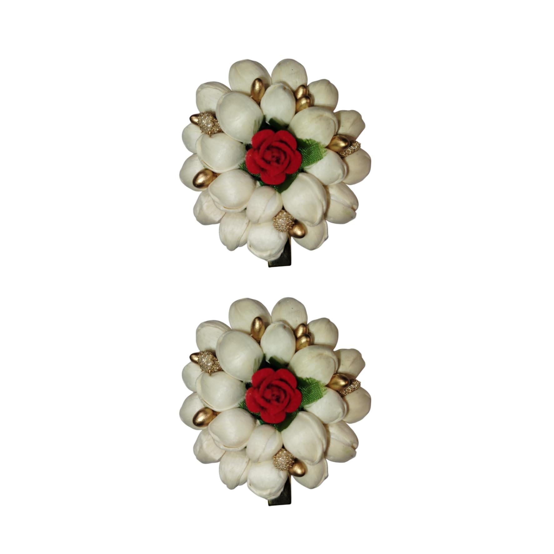 Jasmine Hair Clip with Artificial White Jasmine Buds, Red Rose Centre, Gold Accents, Fabric, 6x6 cm, 2 Pieces-image-37
