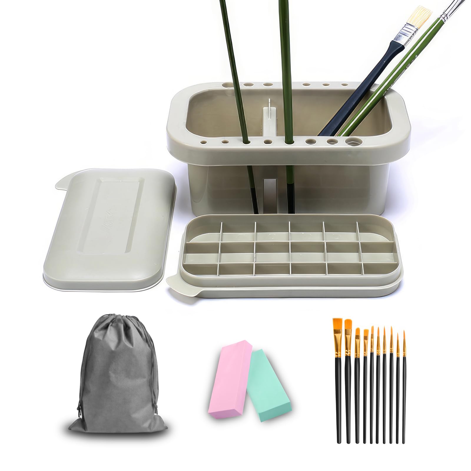 ShyangLiang Multi-Function Paint Brush Cleaner Washer, Paint Station, with Paint Brush Holder and Palette for Acrylic, Watercolor, and Water-Based Paints, 10 Paint Brushes(rectangular)