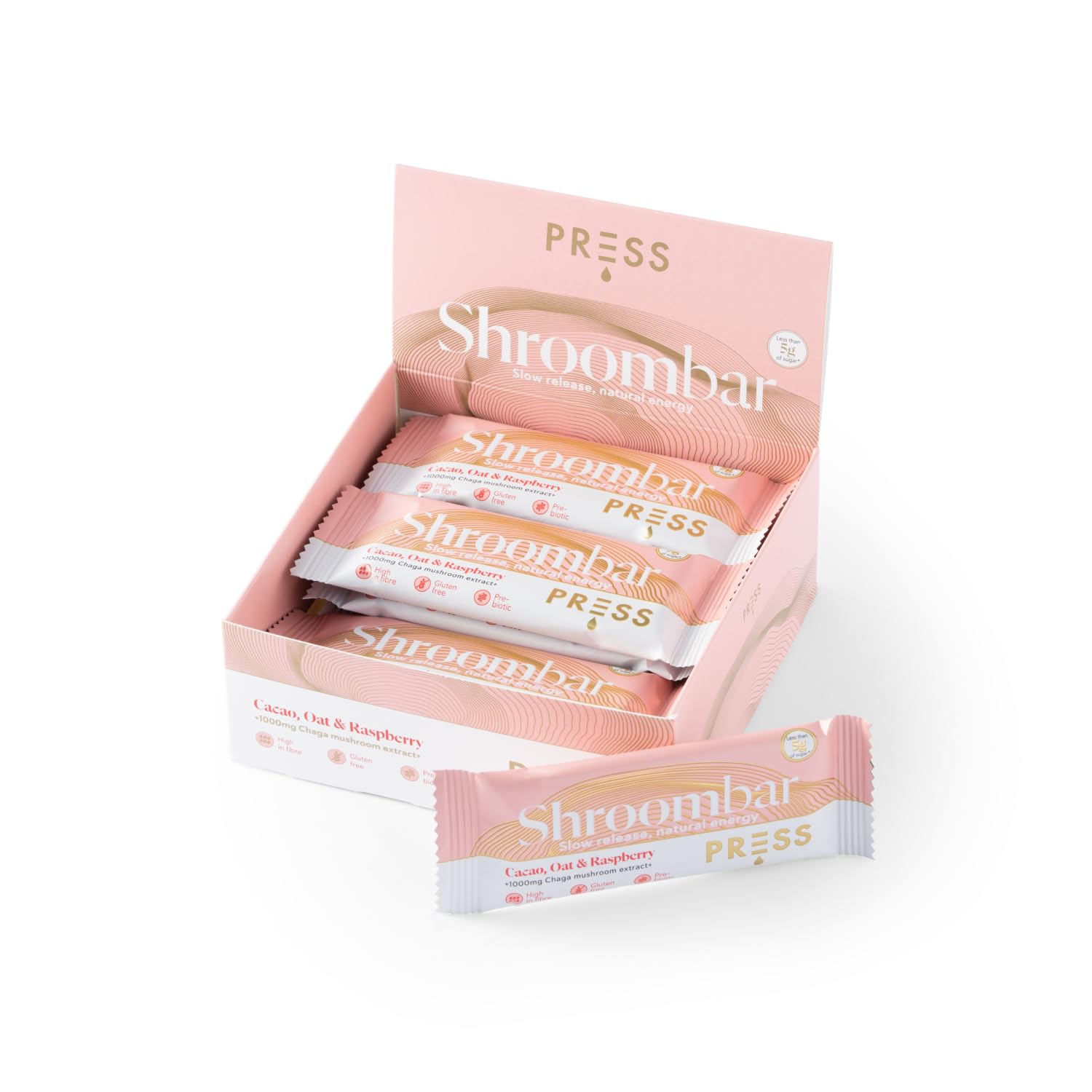 Press Healthfoods, Cacao, Oat & Raspberry Shroombars, 12 x 45g, Adaptogenic Mushroom Infused Snack for Immune Support and Natural Energy Boost, Gluten Free Oat, Vegan High in Fibre, Overall Well-being