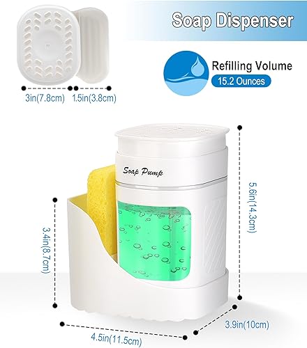 Miniatura 6 de Dispensador de jabón para platos 3 en 1 con soporte de esponja (incluye esponja), color blanco para fregadero de cocina