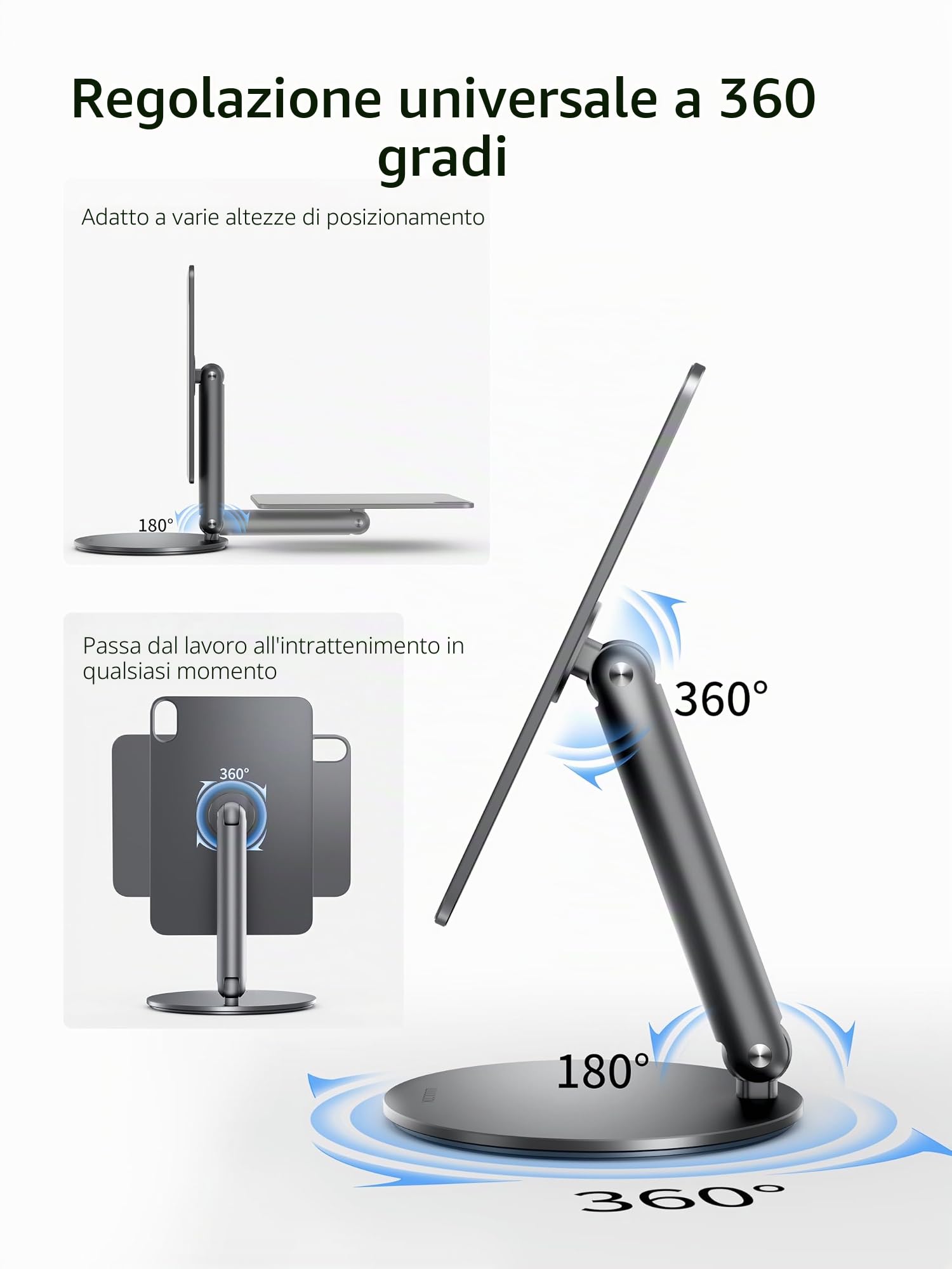 LULULOOK Supporto magnetico per iPad mini 7 con base girevole a 360°, in alluminio pieghevole, supporto per tablet da scrivania per Apple iPad mini (A17 Pro) 2024/6 (8,3" 2021), grigio