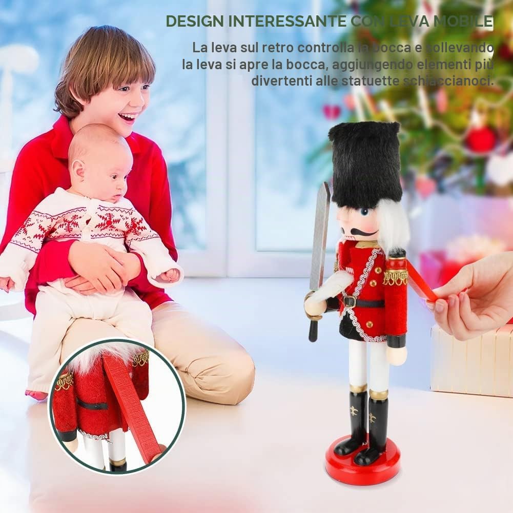 KAHEIGN 2 Pezzi Soldati Schiaccianoci di Legno, 2 Stile 30CM Figure Tradizionali dello Schiaccianoci di Natale Soldato Dipinto in Legno di Pino Premium per Casa Camino Decorazione (Tamburo & Spada)