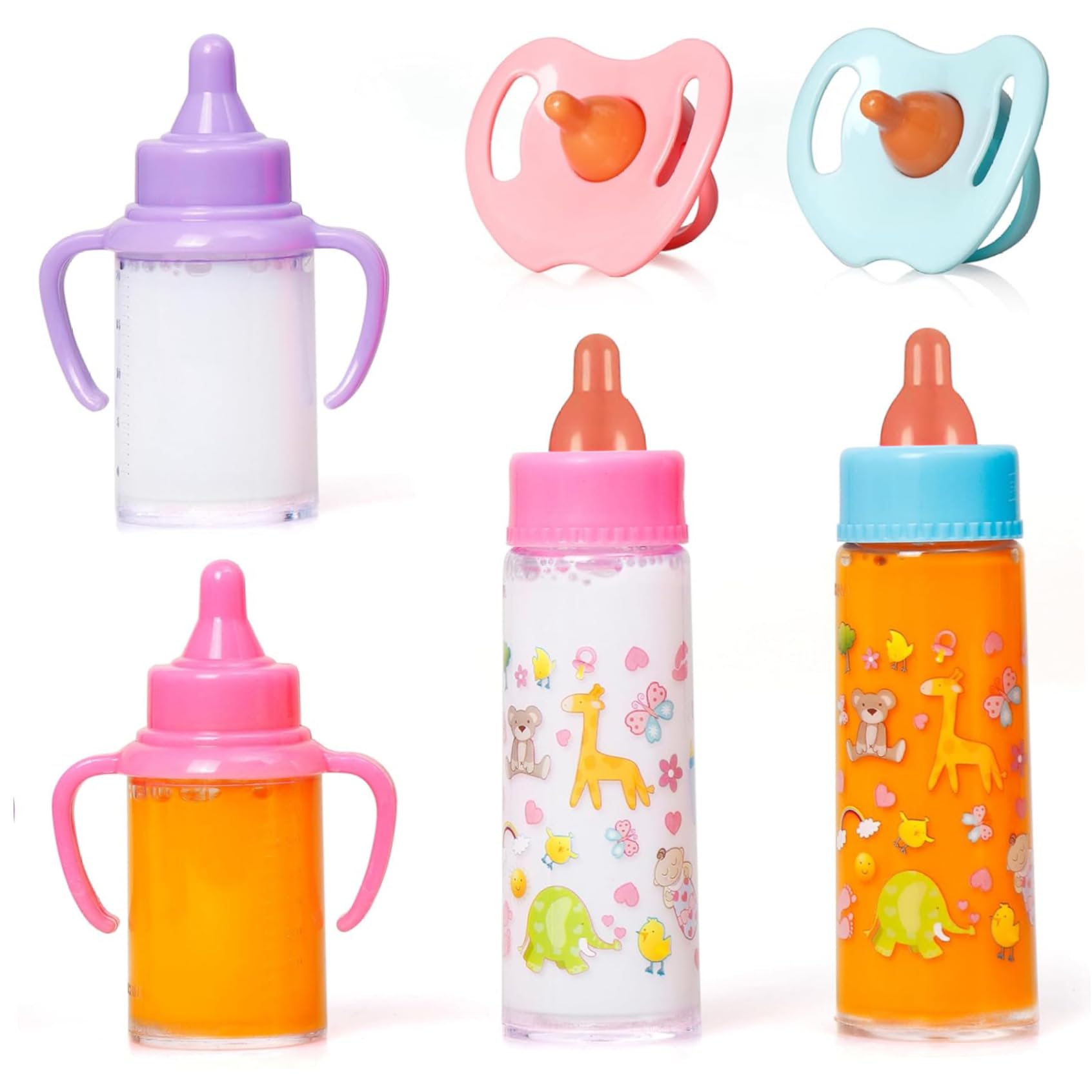 CGTQROVR 6PCS/Set Baby Doll Bottles Set with Pacifiers Funny Magics Baby Doll Bottles with Disappearing Milk or Juice Simulation Dolls Accessories for Kids