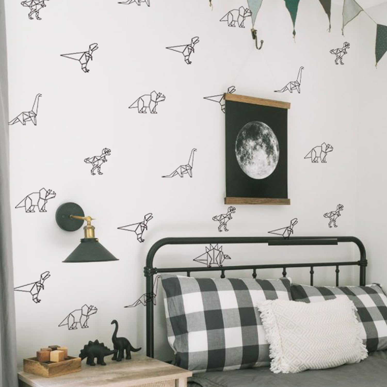 Geometric Dinosaur Wall Decals, Modern Line Art Design, 5 Sheets, Black, Removable Kids Room Decor