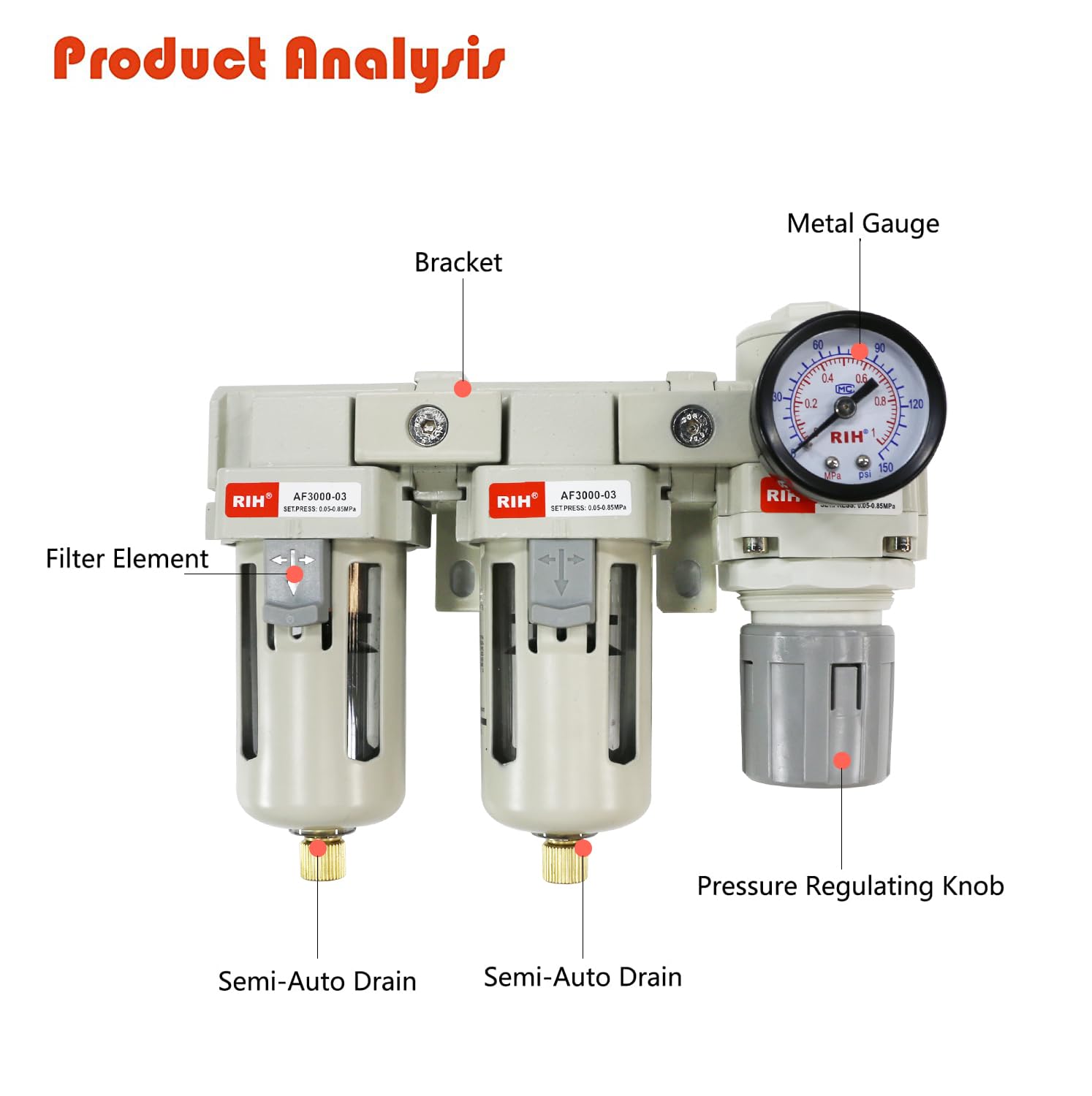 RIH Pneumatica aria compressa doppio filtro e regolatore, sistema di asciugatura dell'aria, separatore d'acqua compressore d'aria, scarico semi automatico, ciotola poli, 0-150 psi Gauge, elemento in