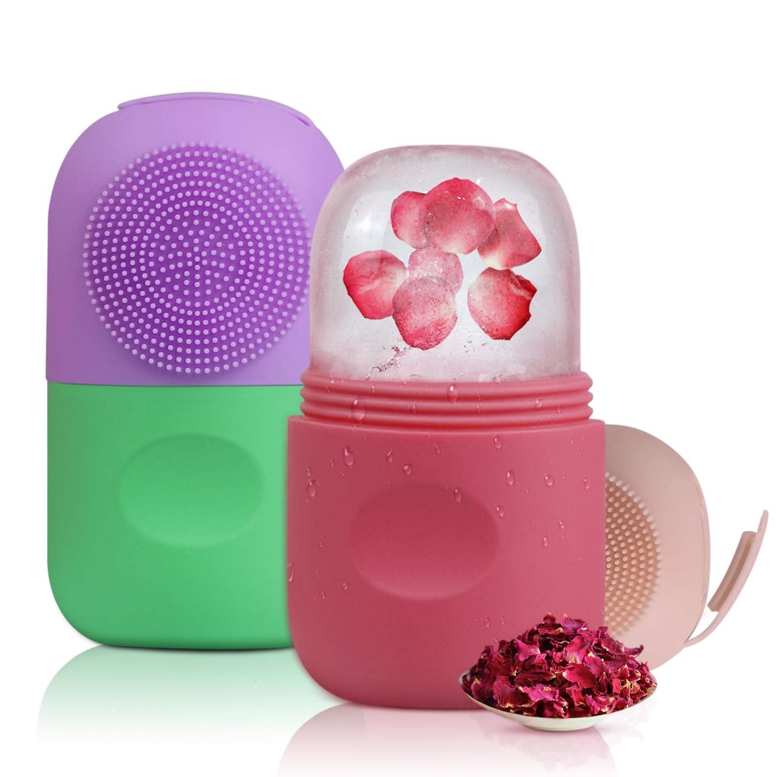 BloomRunFacial Ice Mold, 2 Pack Face Icer Holders with Cleaning Brush, Silicone Ice Roller for Face, Summer Gift (Pink and Purple)