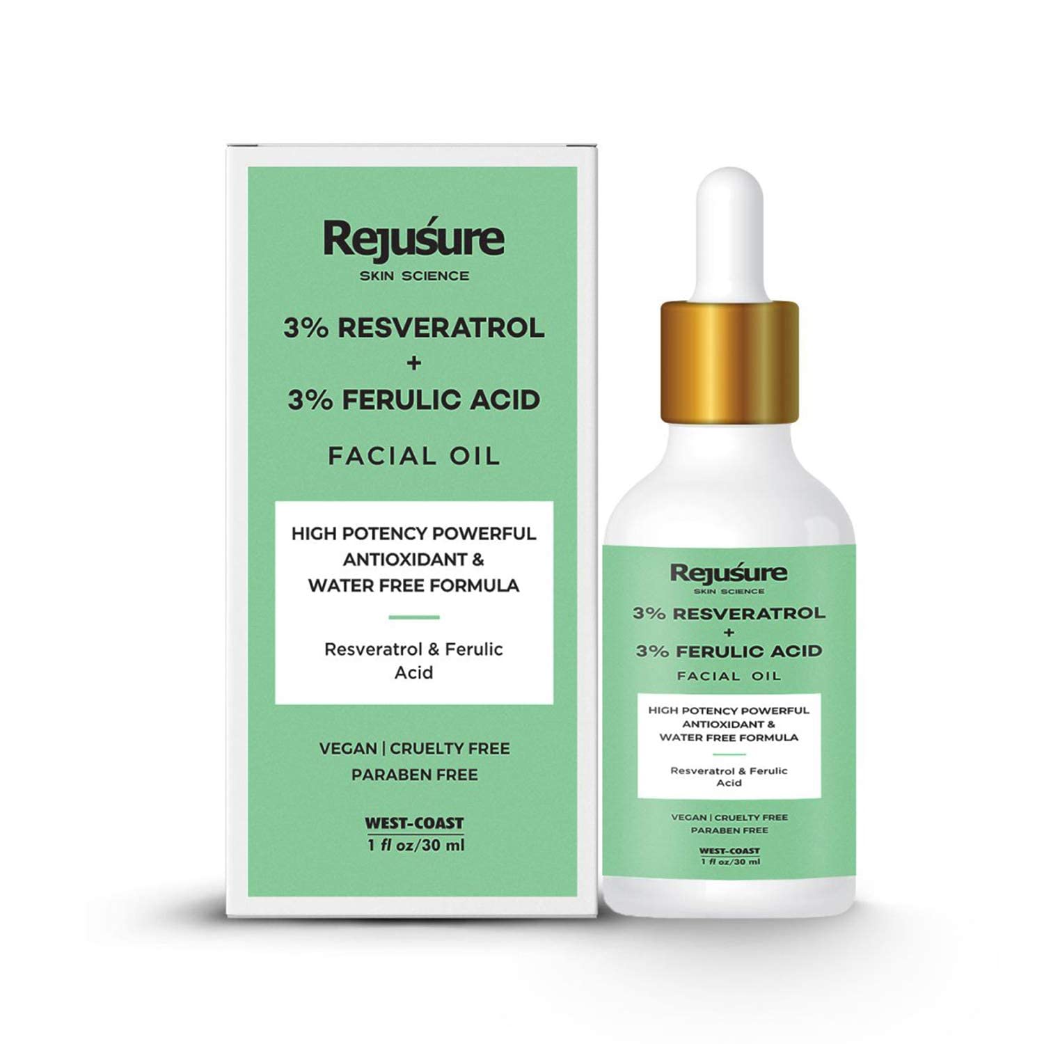 High Potency 3% Resveratrol & 3% Ferulic Acid Facial Oil - Powerful Antioxidant Blend for Skin Rejuvenation & Firmness - Water-Free Formula, 30ml