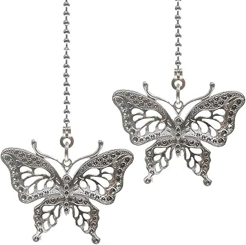 Ceiling Fan Chain Pulls Extender Butterfly Chromium Finish Pendant Decorative, 12 Inches Silver Tone Ornament Extension Pull Chains for Lighting Fans 2 Psc