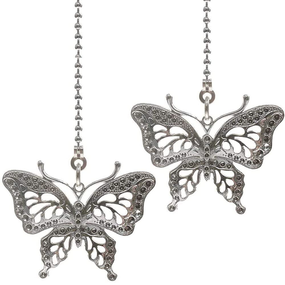 Ceiling Fan Chain Pulls Extender Butterfly Chromium Finish Pendant, 12 Inches Silver Tone Extension Pull Chains for Lighting Fans 2 Pack