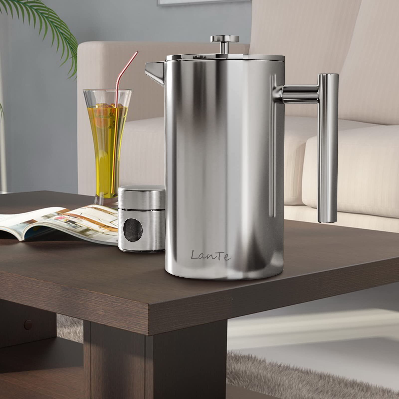 LANTE Cafetera de prensa francesa, cafetera de acero inoxidable 304 con doble aislamiento, sistema de filtración de 4 niveles, sin café molido, sin óxido, apta para lavavajillas