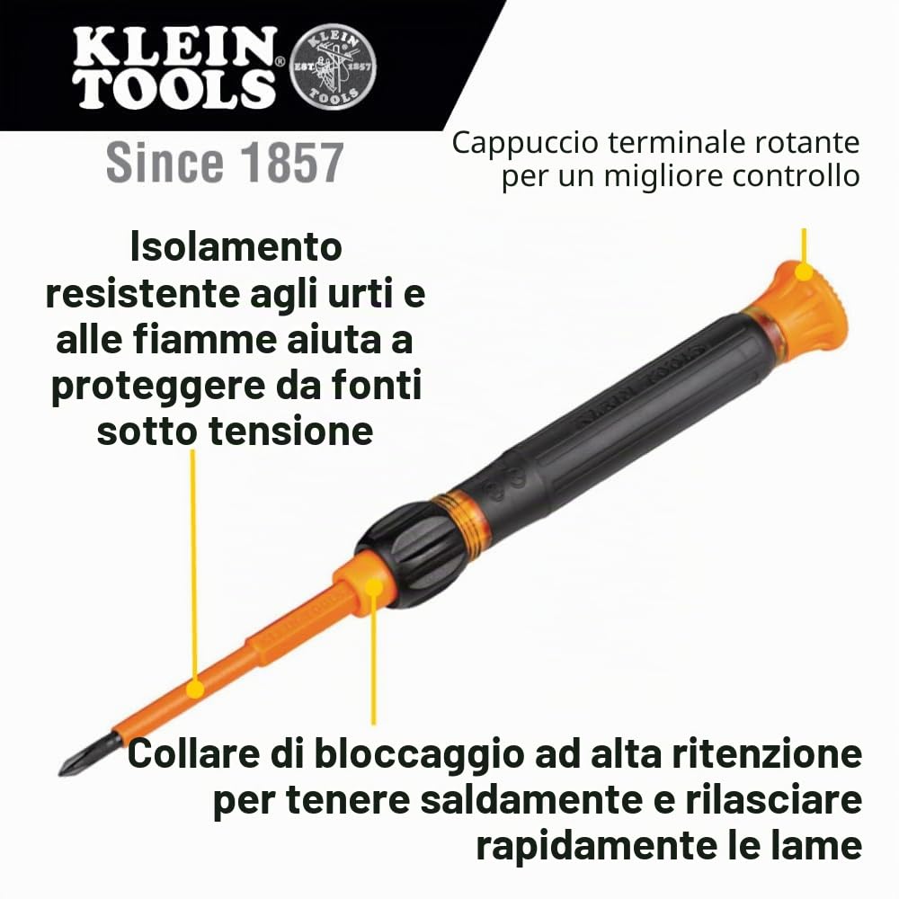 Klein Tools 32584INSR | Set cacciaviti di precisione isolati 8-in-1 con custodia | Isolamento 1000 V | Inserti intercambiabili | Impugnatura Cushion-Grip