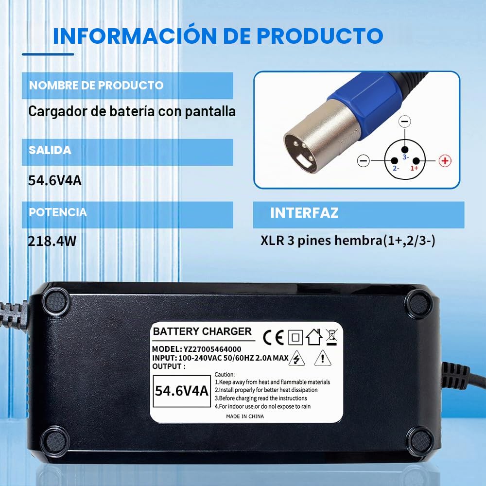 Cargador de Batería Rápido 54.6V 4A para Bicicleta Eléctrica 48V Batería Li-Ion (54.6V 4A XLR)