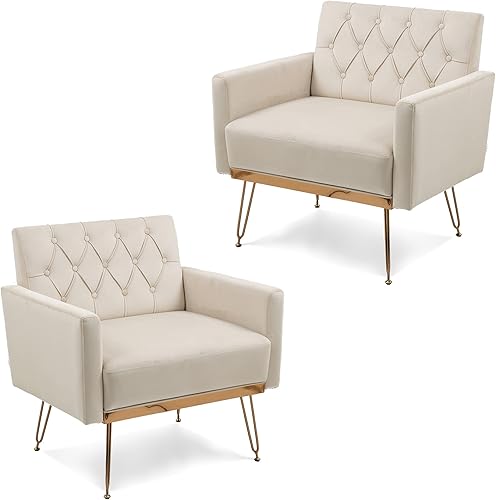 Olela Juego de 2 sillas decorativas, sofá individual de terciopelo, sillas de lectura laterales tapizadas modernas con brazo y patas de metal dorado