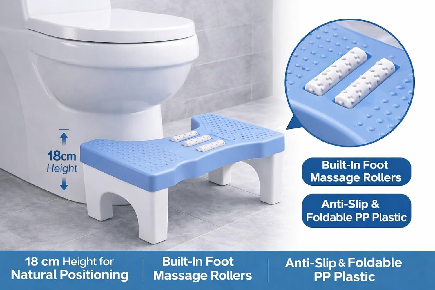 A to Z Hub Polypropylene (PP) Perfect Posture Bathroom Toilet Step Stool with Massage Rollers, 18 cm Height, Foldable Design, (Grey and Black) (Blue) 4