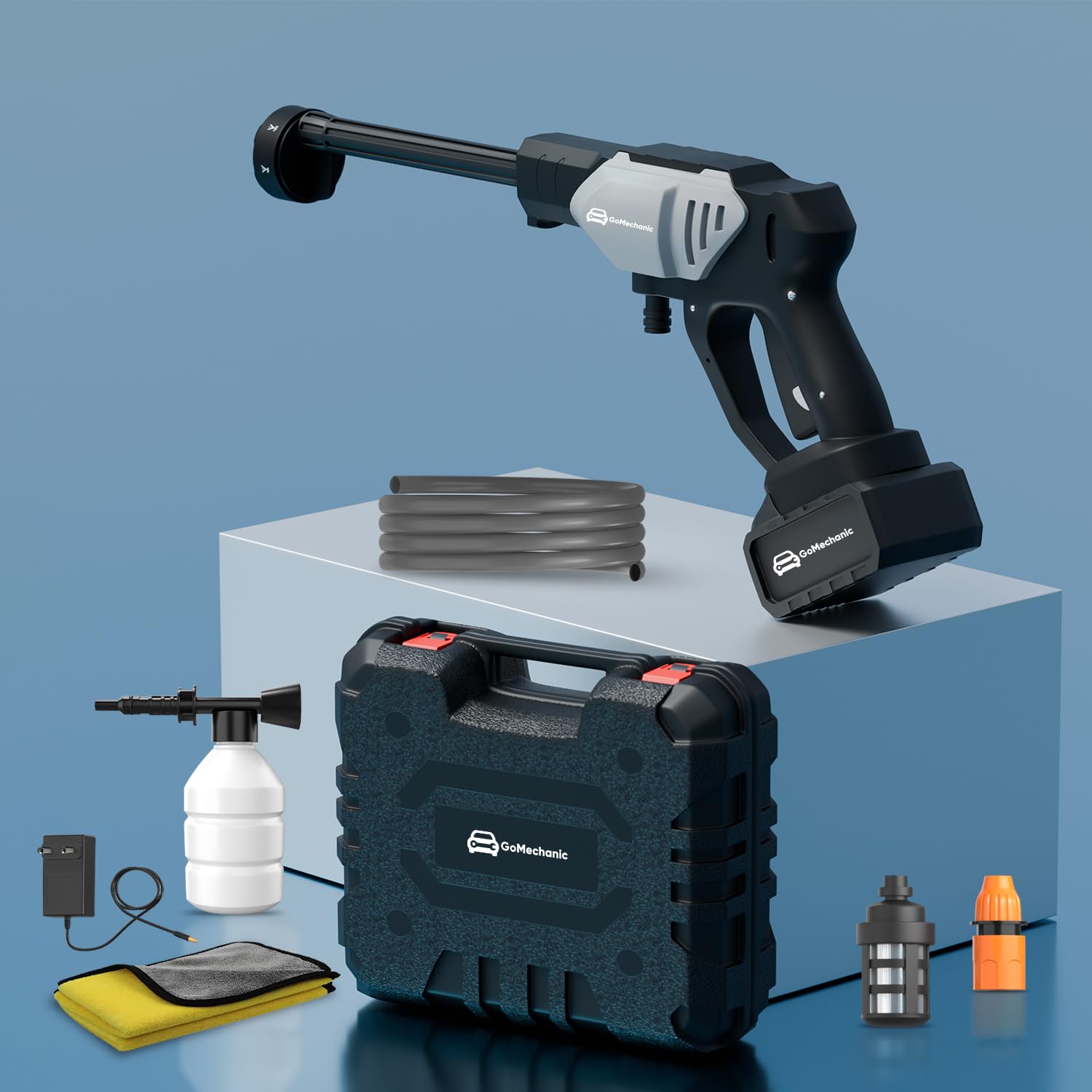 GoMechanic Cordless Pressure Washer | 2X Power Wireless High Pressure Car Washer | 80 Bar Pressure, Rechargeable 48V Battery| Premium Build |6-in-1 Nozzle & 5M Hose Pipe |No Tap Needed| with Cloth