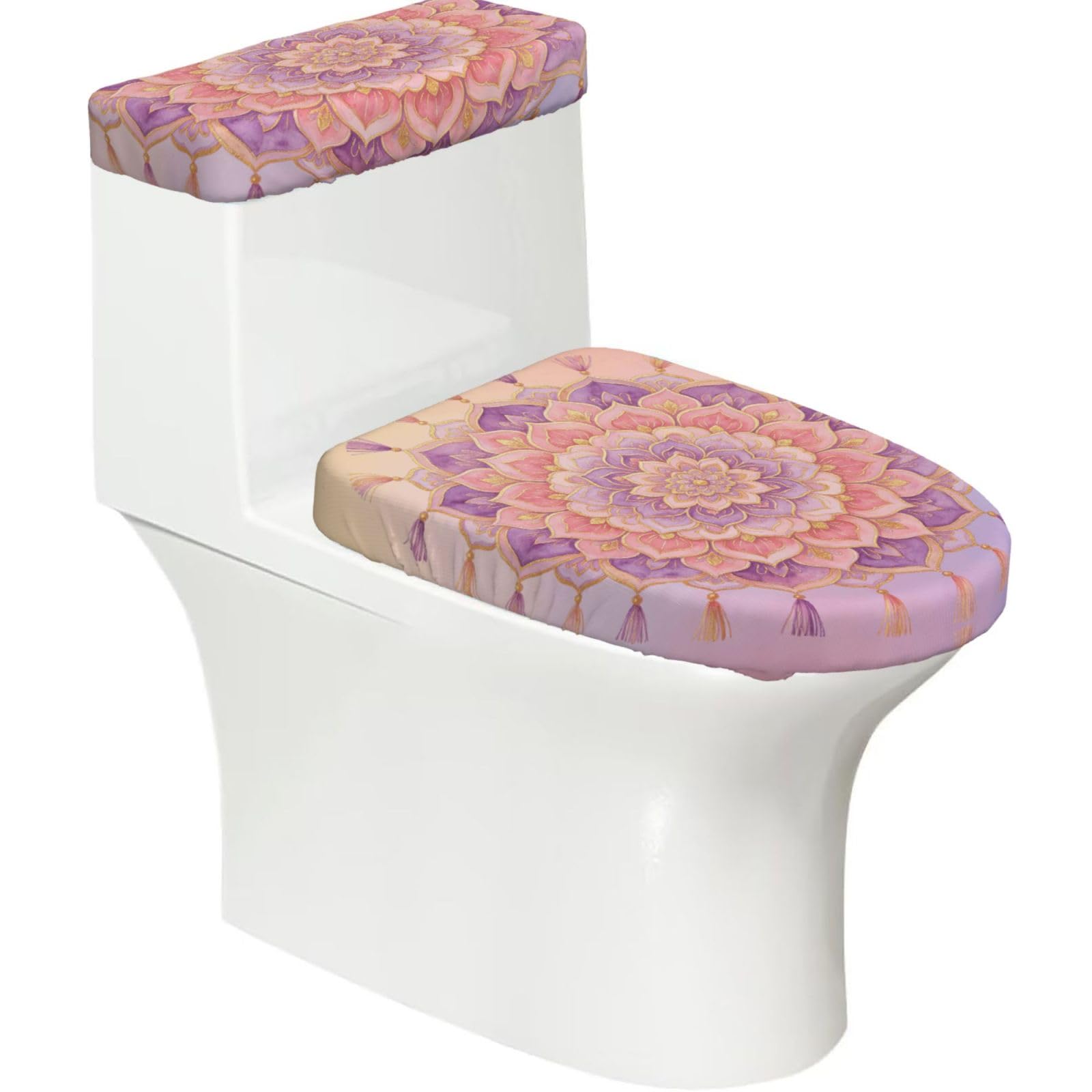 Mandala Circle Flower Elastic Toilet Cover Set of 2-Stretchy Lid and Tank Covers for Bathroom, Soft Washable U Shape Toilet Decor