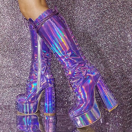 Women's Platform Knee High Gogo Boots Chunky Metallic Purple Reflective Side Zipper Heel Lace Up Boot for Halloween4