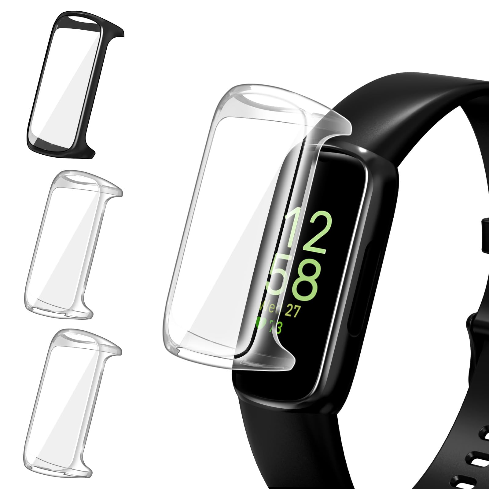 ivoler 3 sztuki etui z ochroną ekranu do Fitbit Inspire 3, pełne etui ochronne z miękkiego TPU cienkie, odporne na zarysowania (2 przezroczyste 1 czarne)