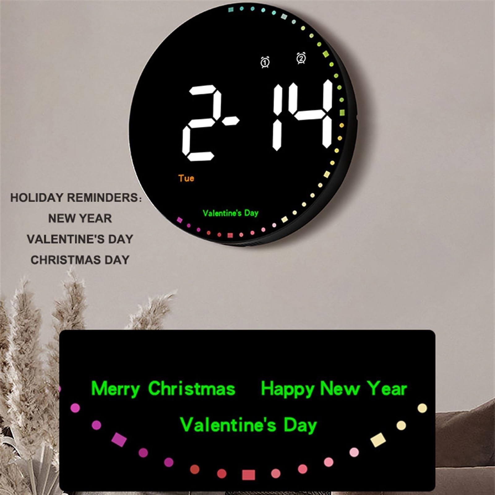 Horloge murale numérique à LED – Horloge multifonction avec alarmes, compte à rebours, affichage de la température, rappel de vacances