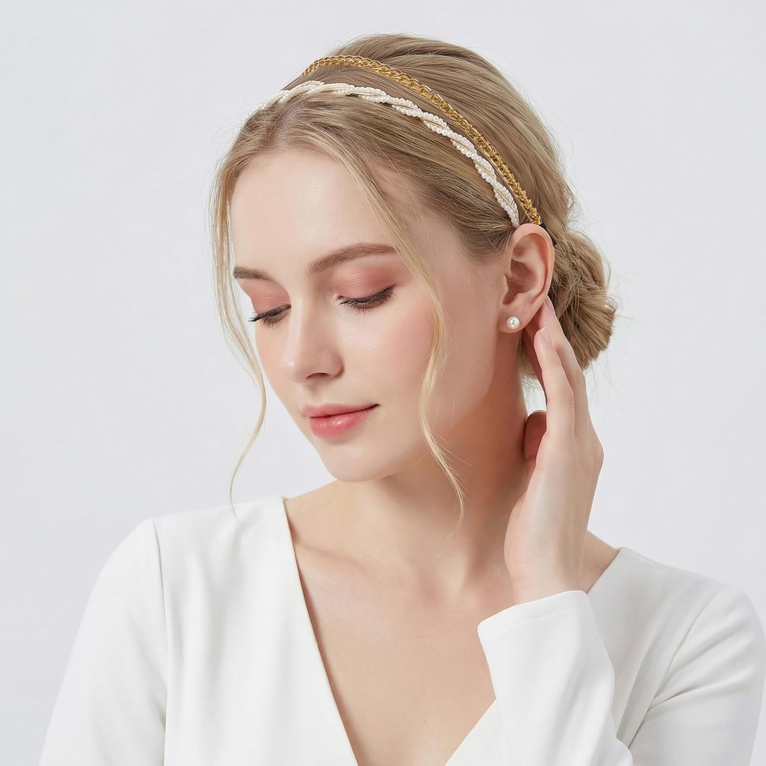 10Pcs Pearl Headbands Beaded Headband Metal Sparkly Crystal Artificial Pearl Beaded Hair Hoop Head Bands Fashion No Slip Hair Accessories Multiple Color Birthday Wedding Christmas Gift for Women