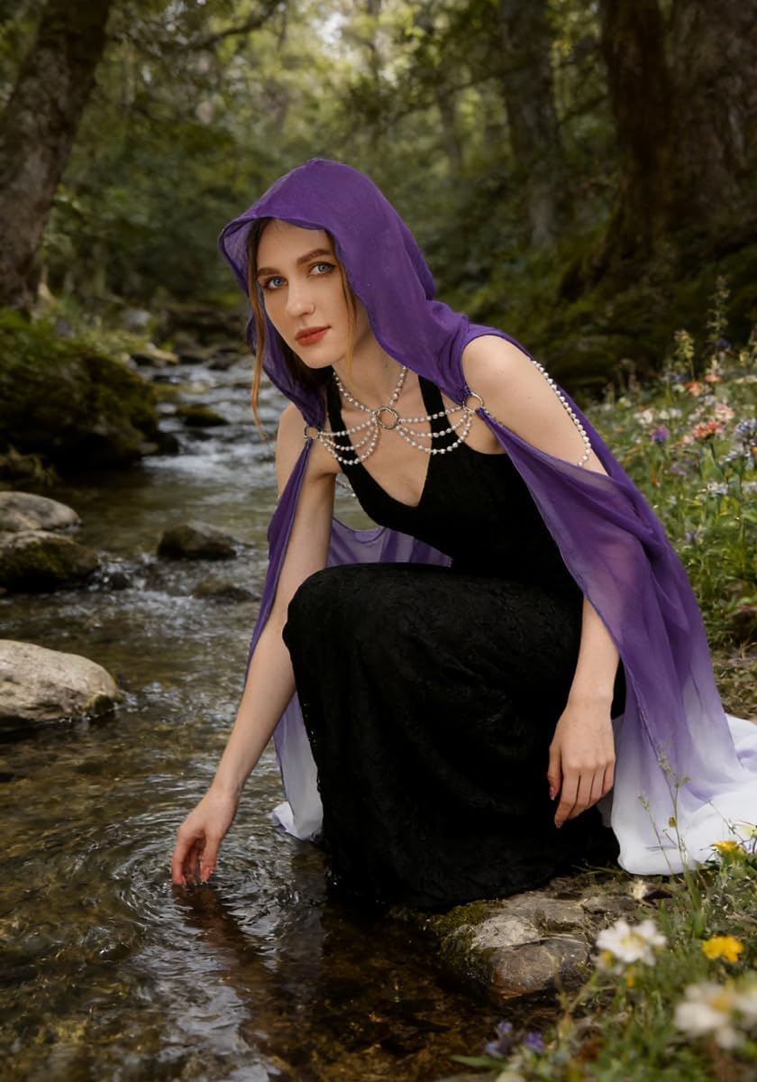 DAZCOS Women's Chiffon Fairy Hooded Cape Elf Sheer Cloak Tulle Bridal Off Shoudler Capelet for Christmas - Image 4