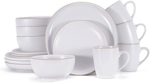 FOJORUI Juego de vajilla de cerámica de 16 piezas para 4 platos de cocina y cuencos con tazas apto para microondas color blanco